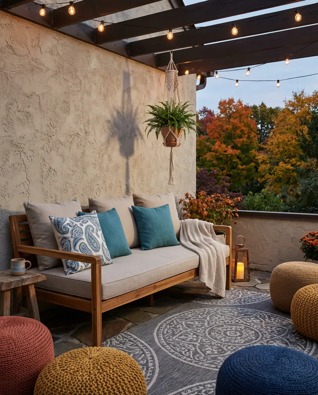 Bohemian Terrace Lounge with Macrame and Poufs