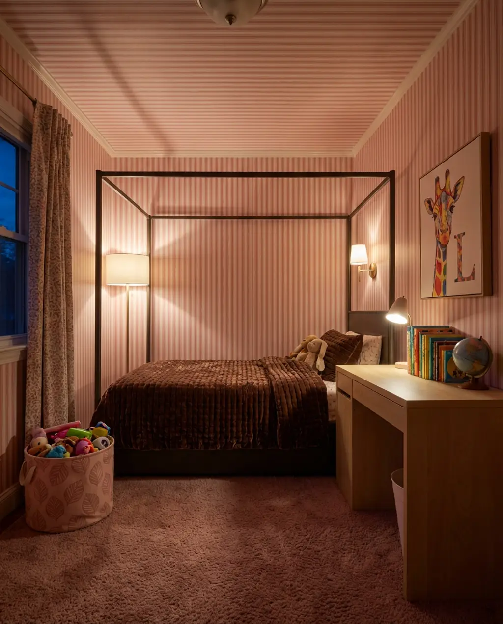 Playful Pink and White Striped Wallpaper in a Kid's Bedroom