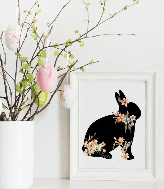 Floral Bunny, Easter Bunny, farm chic, Country Farmhouse, bunny silhouette, Digi