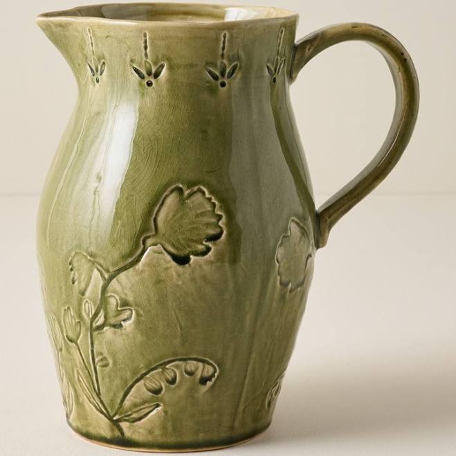 Floral Glazed Ceramic Pitcher Vase