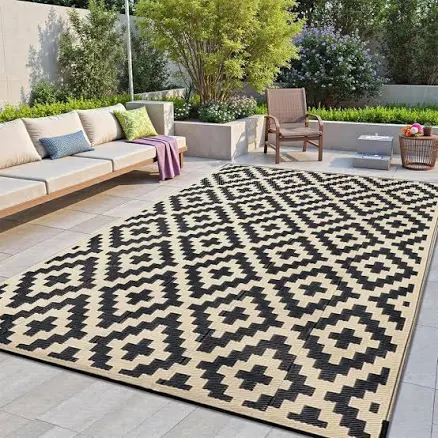 George Oliver Geometric Black and Beige Outdoor Rugs