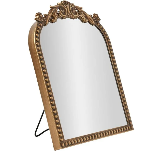 Gold Filigree Arch Tabletop Mirror with Adjustable Stand