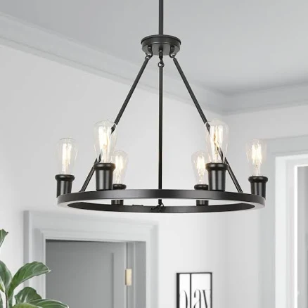 GoYeel 6-Light Farmhouse Matte Black Wagon Wheel Chandelier