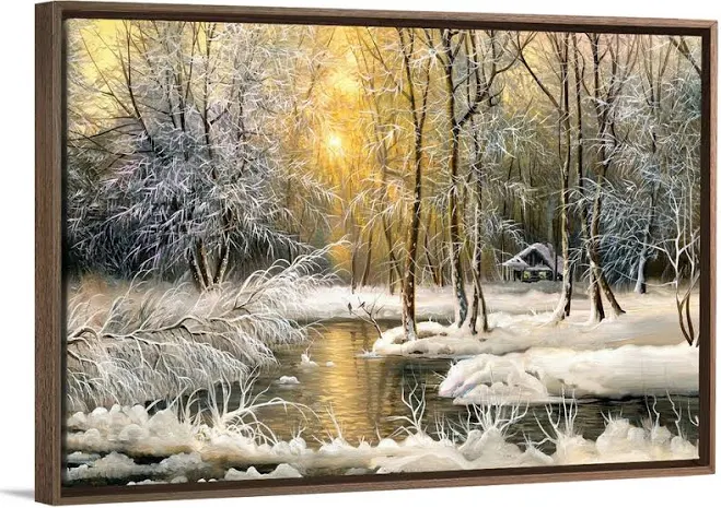 Great Big Canvas Winter Landscape with A Forest River Wall Art Print