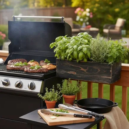 Grill-Side Cedar Herb Planter Box Railing-Mounted BBQ Barbecue Garden