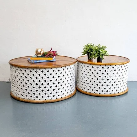 Hand Carved Mango Wood Coffee Table: Whitewashed Indian Drum Table