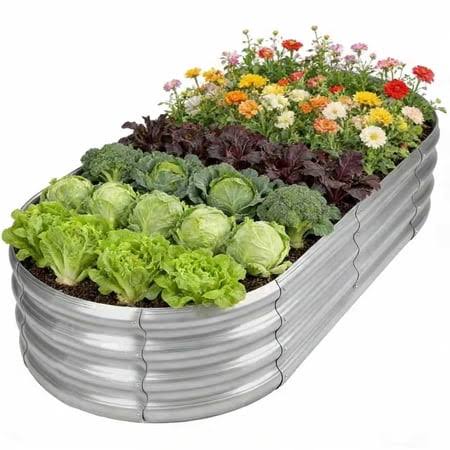 Hgd Raised Garden Bed Kit Oval Galvanized Metal Outdoor Planter 4x2x1 ft, Silver