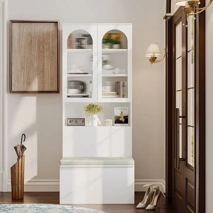 Homsee Painted Storage Bookcase with Reeded Glass Double Doors 3 Shelves and Bui