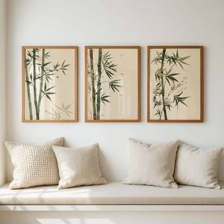 Japandi Bamboo Wall Art Set of 3, Zen Botanical Prints, Minimalist Neutral Asian