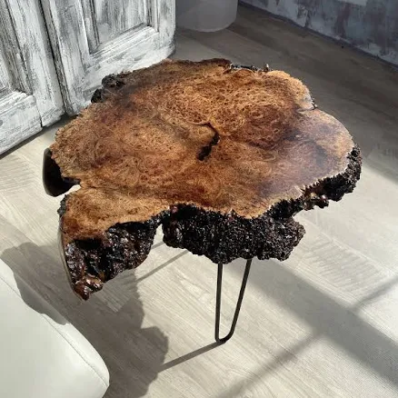 Live Edge Tree Slice Side Table, Rustic Natural Wood Slab Accent Table with Hair