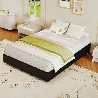 Low Platform Bed Frame with Upholstery and Solid Wood Legs