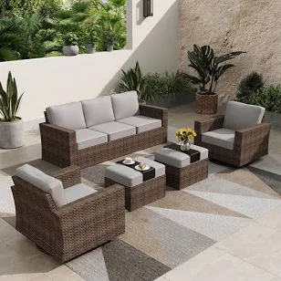Luxury Patio Wicker King Swivel Sofa Set with Wood Table and 2 Ottoman