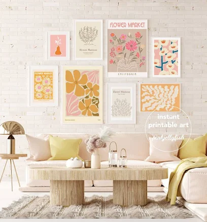 maximalist gallery wall set, colourful set of 8 prints, printable wall art