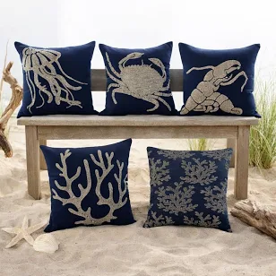 Midnight Tides Collection Navy Linen Coastal Pillows Handmade Bead Embroidery
