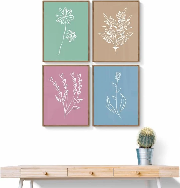 Minimalist botanical prints set of 4, simple boho wild flower & plant arts, eart