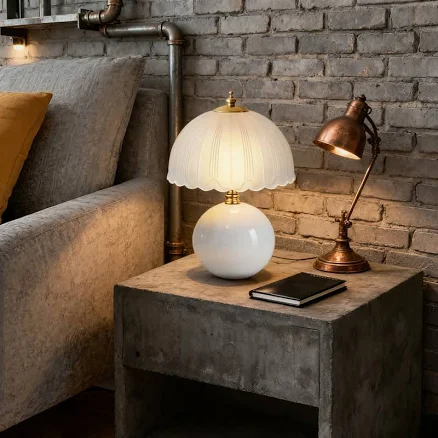 Mushroom Table Lamp With Glass Shade, Ceramic Bedside Lamp With 3-Way Adjustable