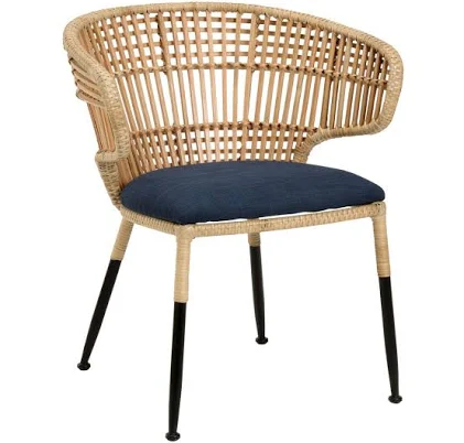 Natural Rattan Dining Chair with Blue Cushion