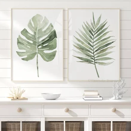 Sage Green Watercolor Botanical Leaf Prints Set