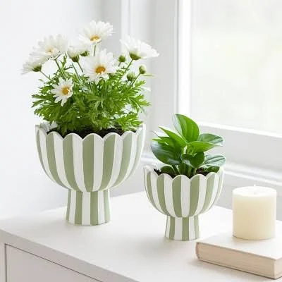 Sagebrook Home Scallop Edge Striped Planters Set of 2