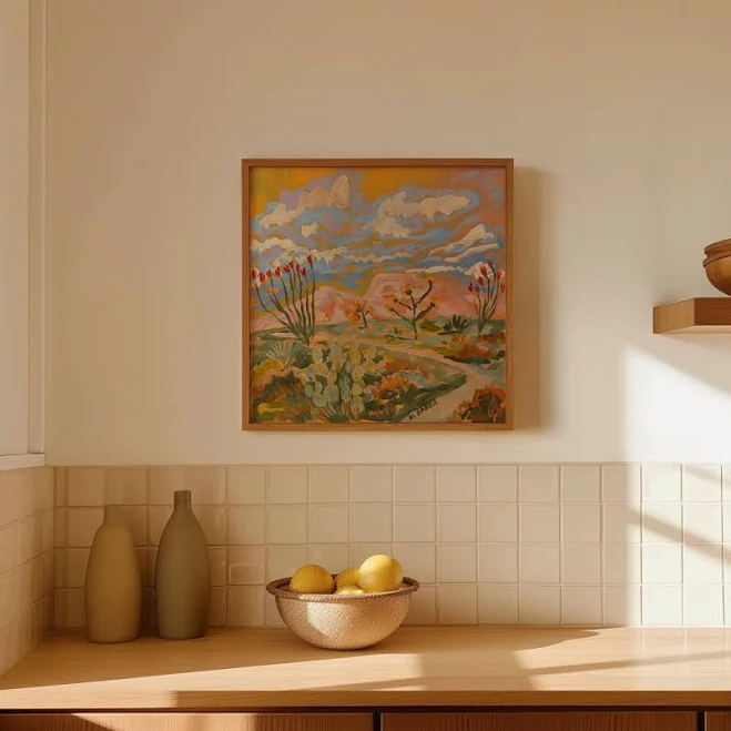 Southwestern Desert Print – Yellow Cactus Poster | Pastel Desert Landscape Art, 