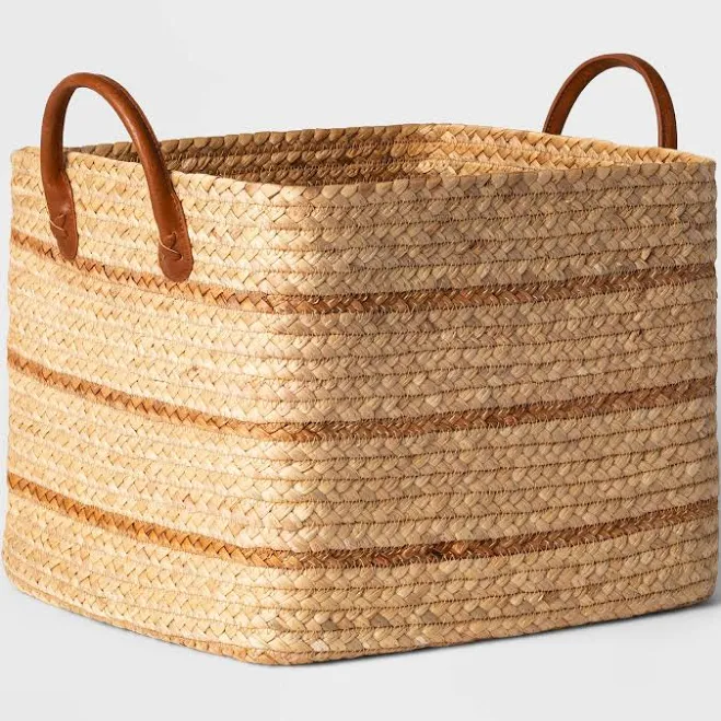 Threshold Large Braided Water Hyacinth Basket with Faux Leather Handles