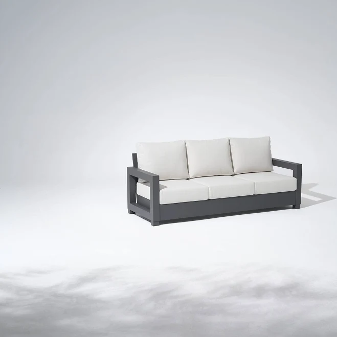 Vela Aluminum Black Outdoor Sofa, Olefin White Cushions