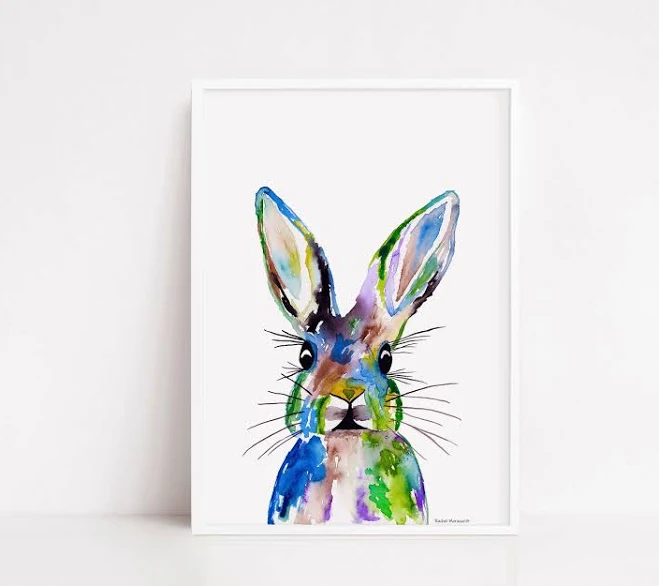 Watercolor Bunny Print: Colorful Rabbit Wall Art by Rachel Marquardt