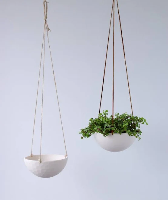 White Porcelain Hanging Planter: Medium Handmade Modern Ceramic Plant Pot