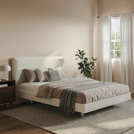 White Queen Bed Frame, Minimalist Style, Mid-Century Modern Design | Basi Collec