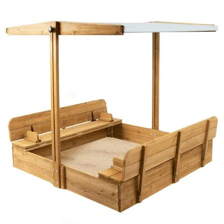 Wooden Sandbox with Lid Kids Sandbox with Canopy Foldable Bench Seats for Backya