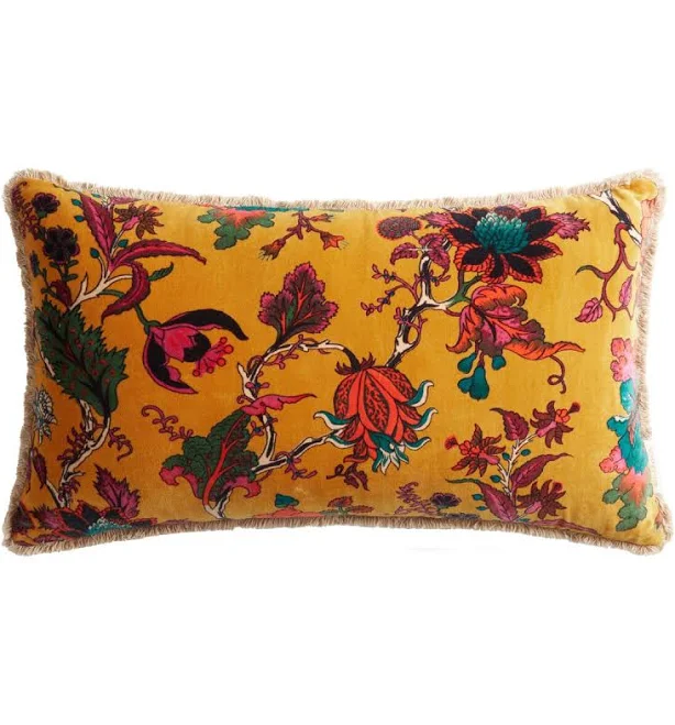 World Market Bright Gold Velvet Floral Lumbar Pillow