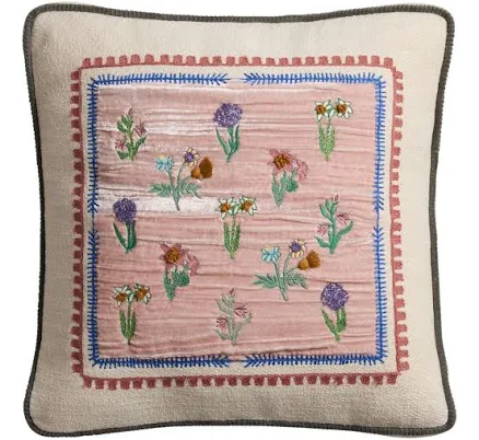 World Market Pink Velvet Ditsy Flower Embroidered Throw Pillow