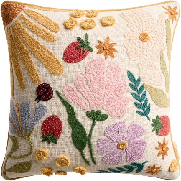 World Market Spring Botanical Embroidered Beaded Throw Pillow