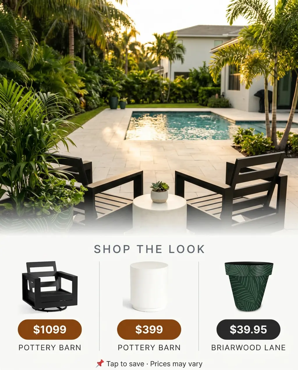 Black and White Tropical Patio Layout with Lounge Chairs — Shop the Look