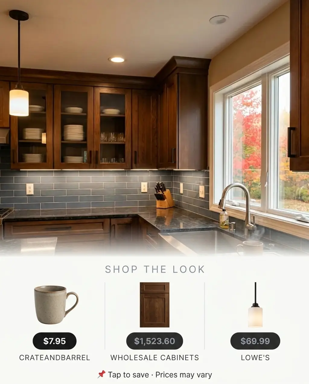 Transitional Dark Wood Kitchen with Glass Front Cabinets — Shop the Look