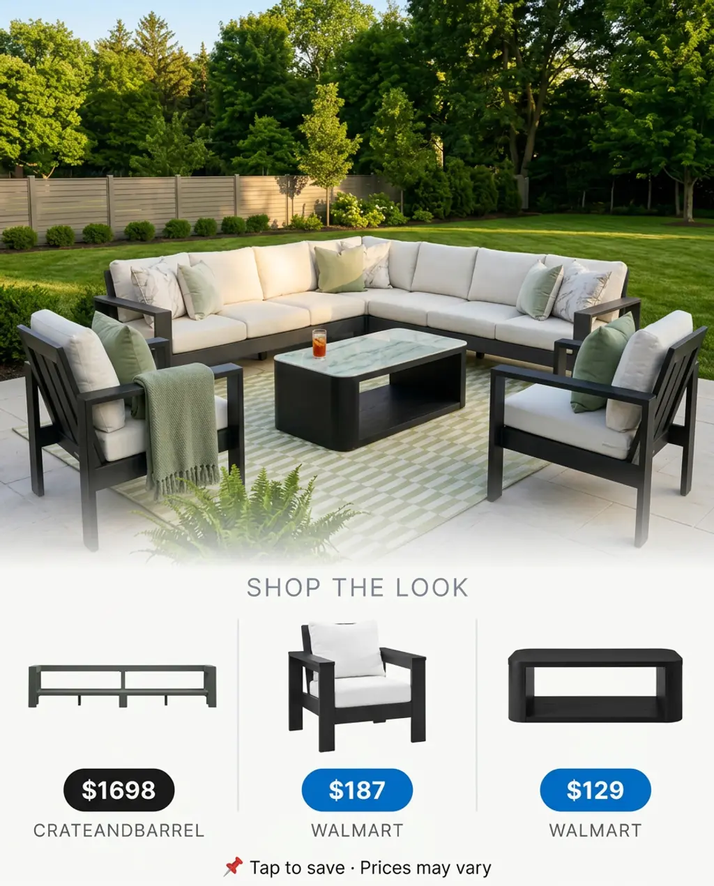 Spacious Patio Layout with Black Sofa and Accent Chairs — Shop the Look