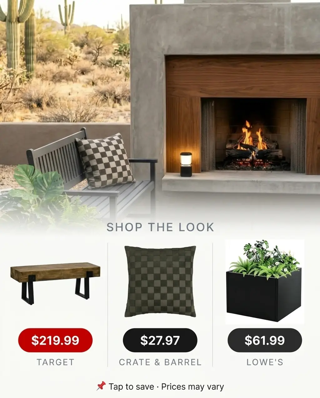 Modern Concrete Fireplace with Wood Accents and Storage Bench — Shop the Look