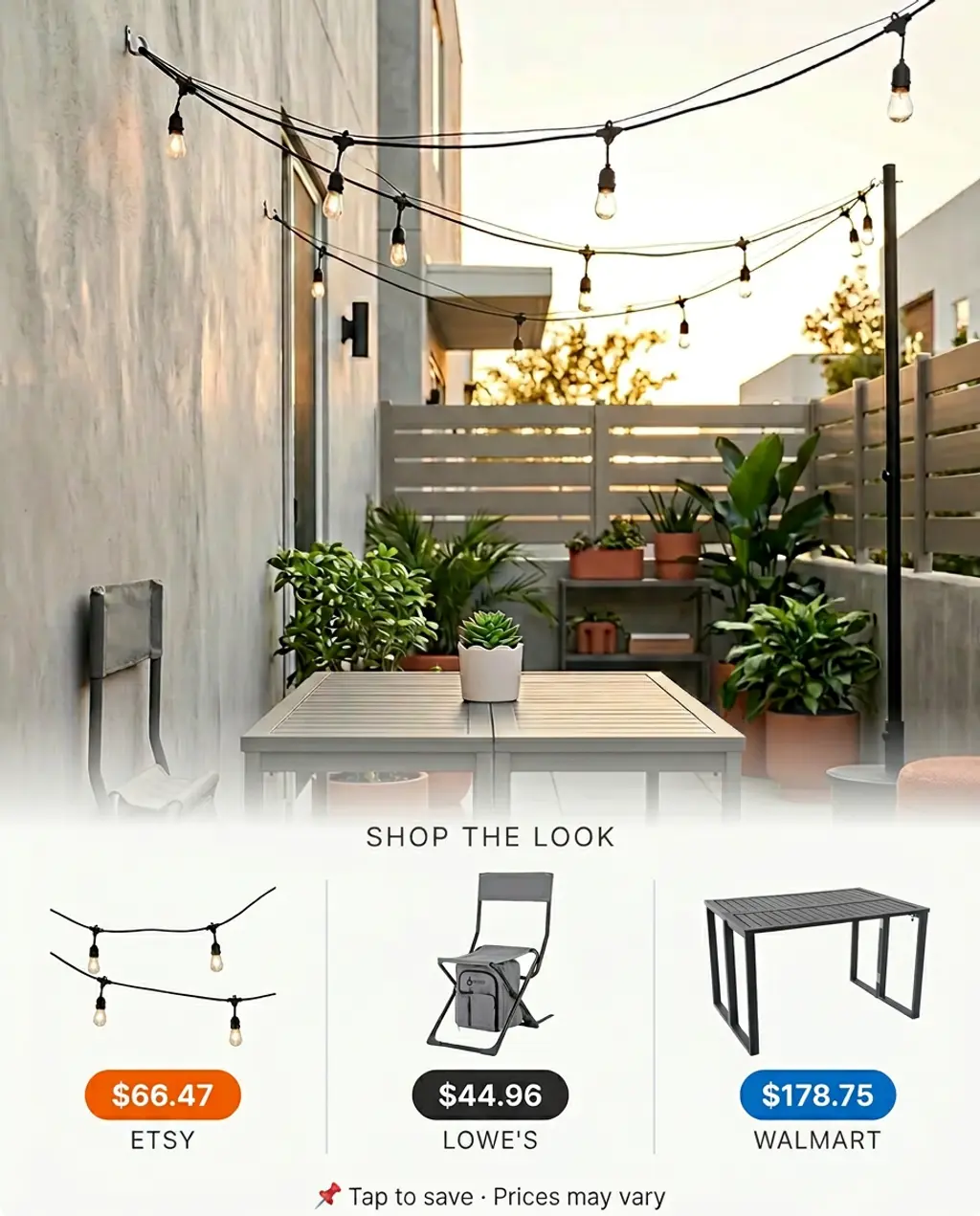 Compact Small Space Patio with Gray Folding Furniture and Festoon Lights — Shop the Look