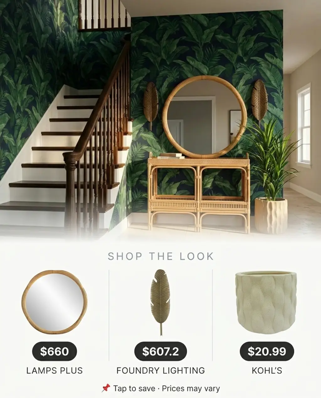 Closed Staircase with Bold Tropical Wallpaper and Greenery — Shop the Look