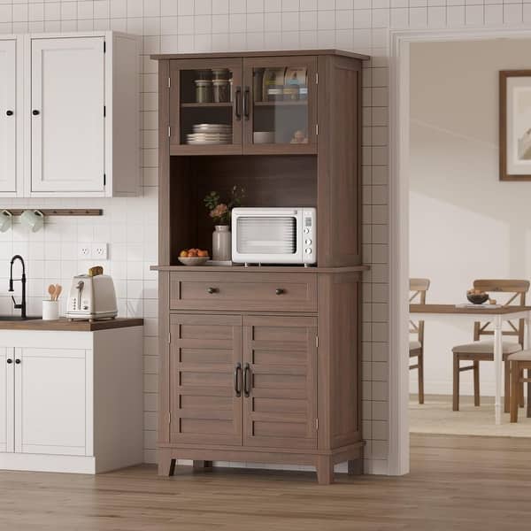 72' in Tall Kitchen Pantry Storage Cabinet, Elegant Pantry Hutch Bar Cabinet with Microwave Stand & Drawers, Glass Doors - Bed Bath & Beyond - 43672257