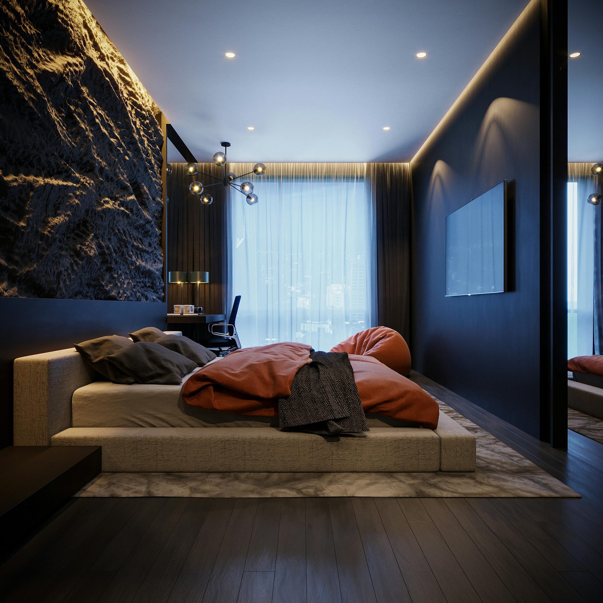A sleek and stylish modern bedroom featuring a chic design with elegant lighting and decor.