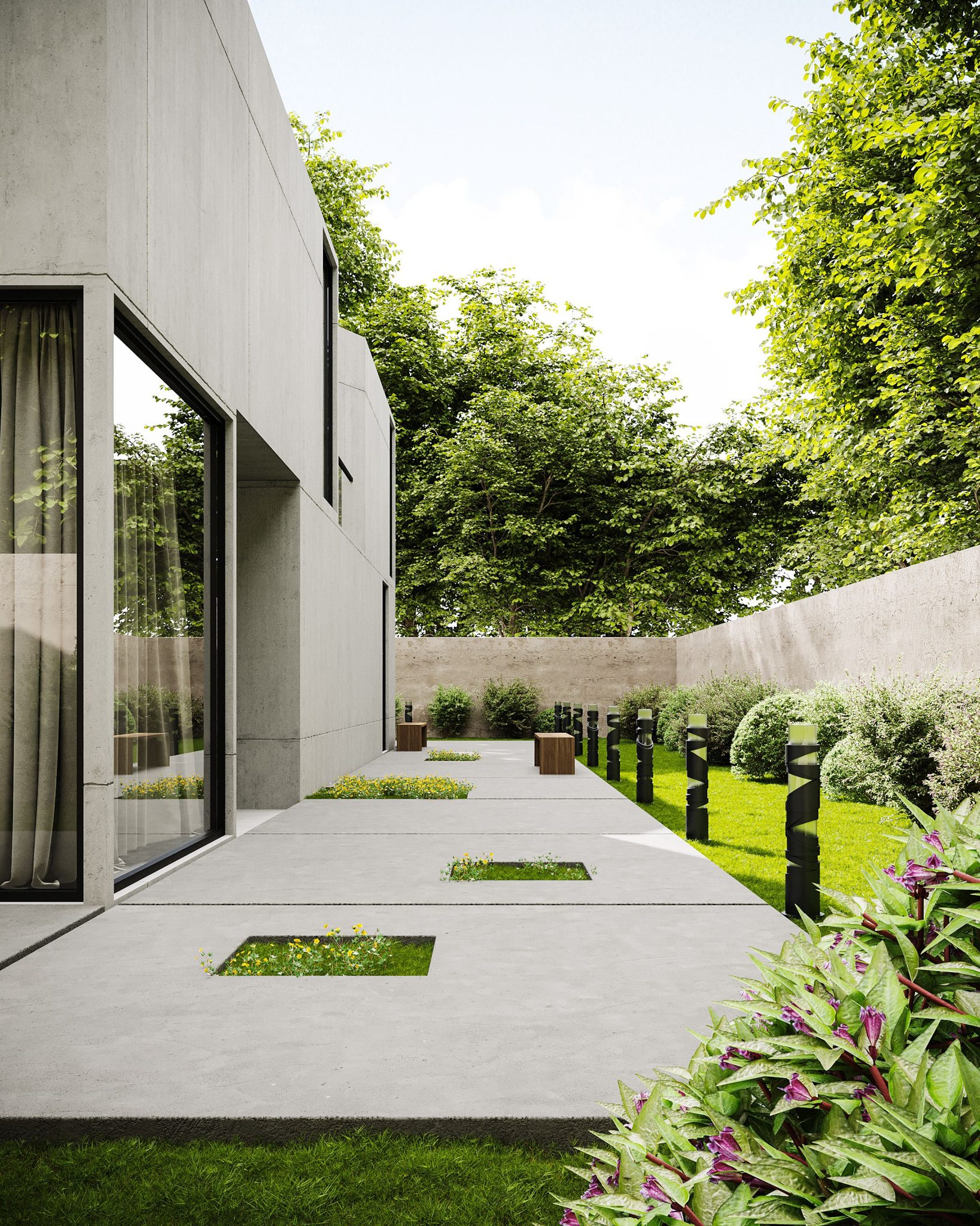 A sleek modern house showcasing minimalist design with lush green surroundings and garden.