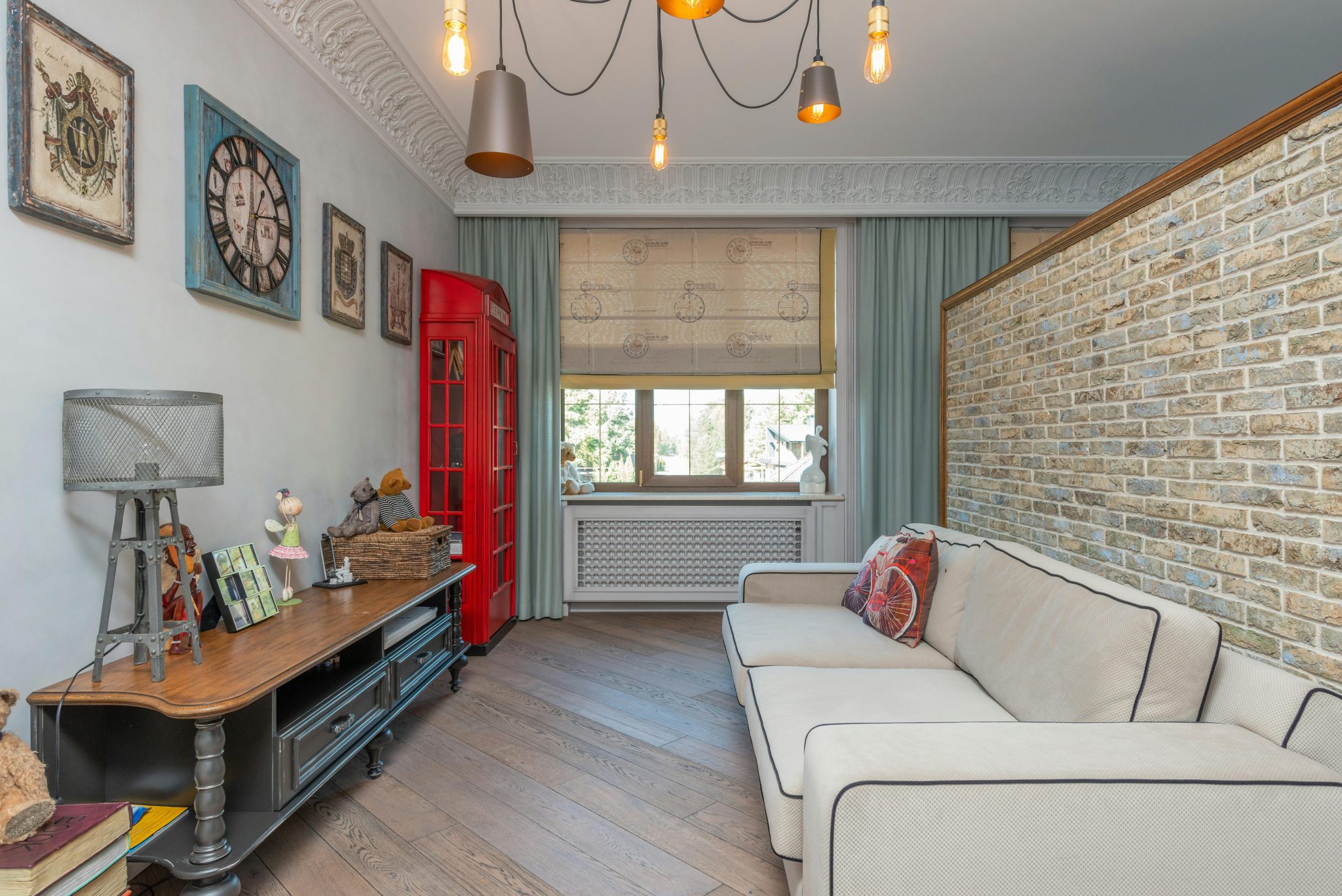 A stylish living room combining vintage decor and modern design elements with a cozy atmosphere.