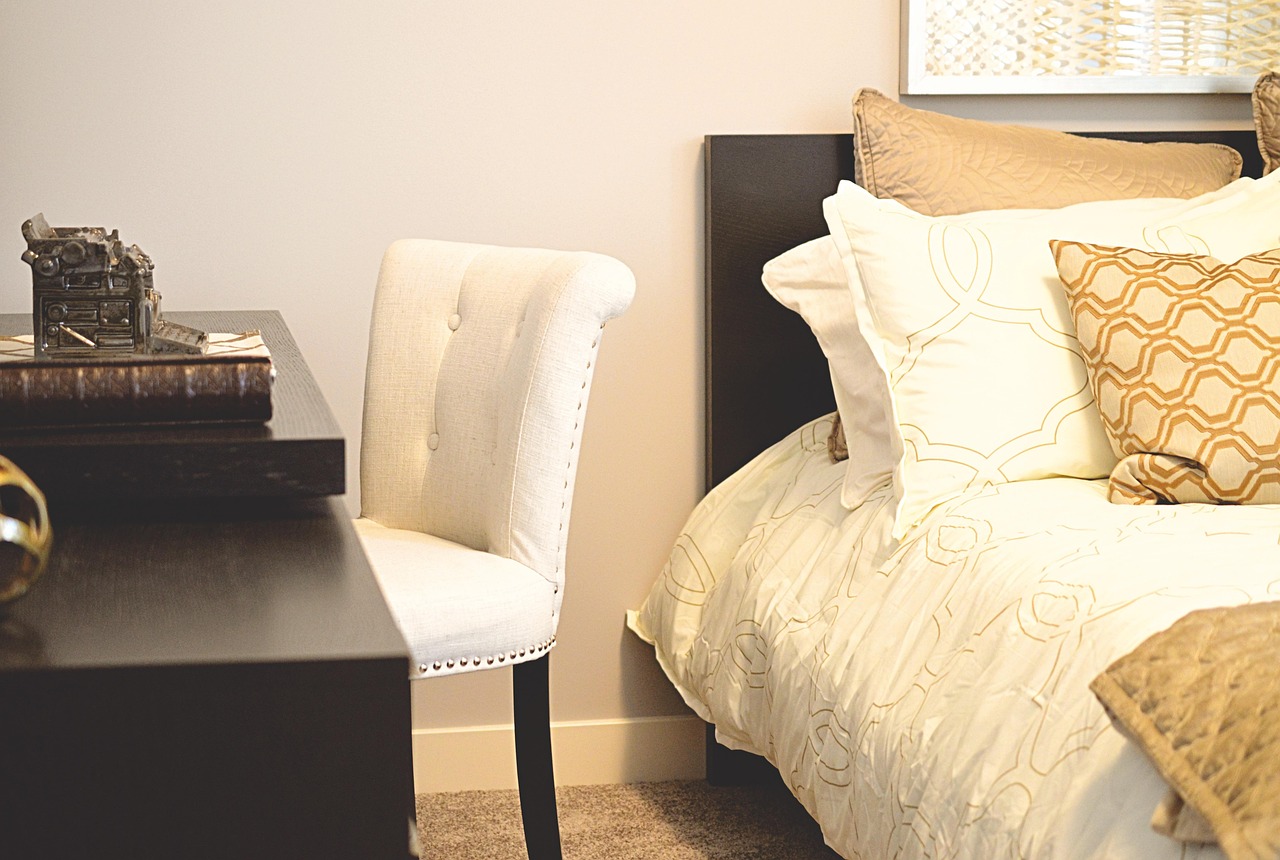bed, desk, bedroom, chair, pillows, furniture, home decor, contemporary, interior, lifestyle, luxury, apartment, cozy, comfortable, modern, style, bedding