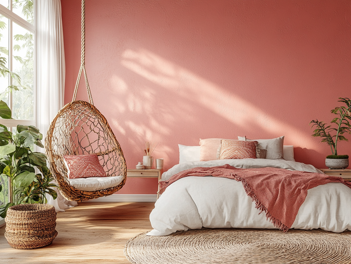 Boho Bedroom Pink Wall Pantone Peachskin and Sherwin Williams Rose Pink 7 - Amberblue Media