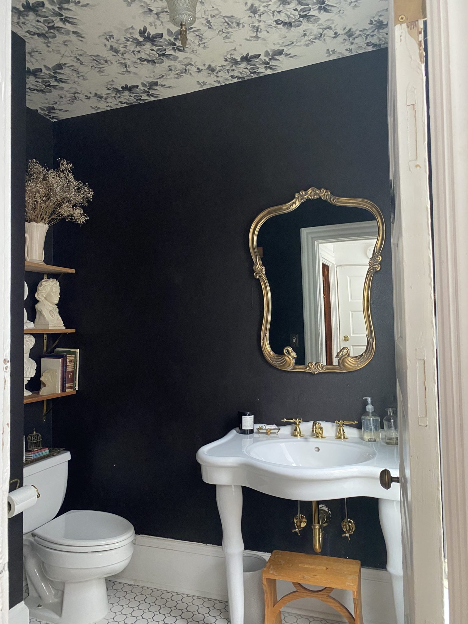 Builder Grade to Bold Bliss: Embracing Black Paint and Wallpapered Ceiling