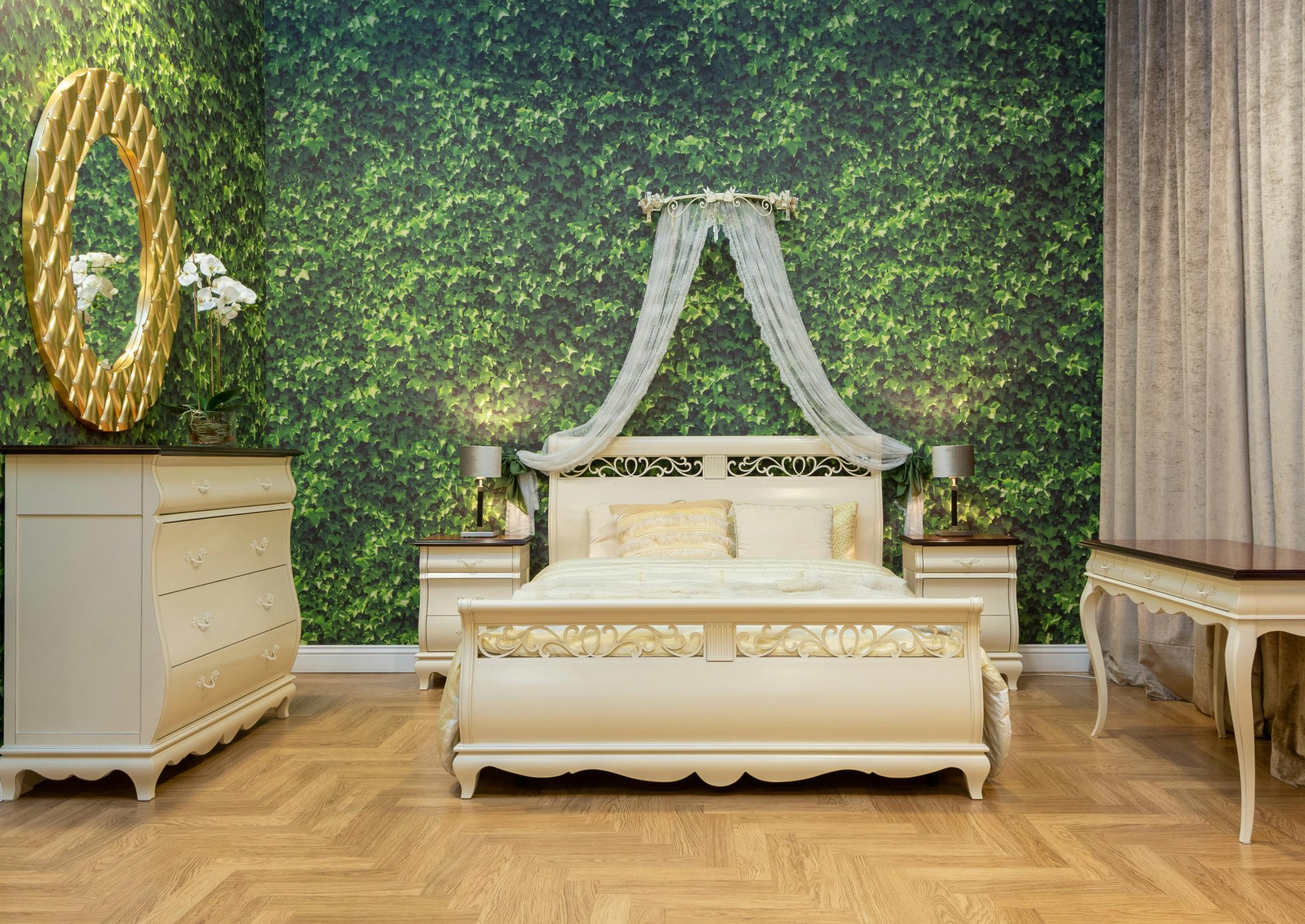 Charming vintage-style bedroom featuring floral wallpaper and elegant furniture set in a serene setting.