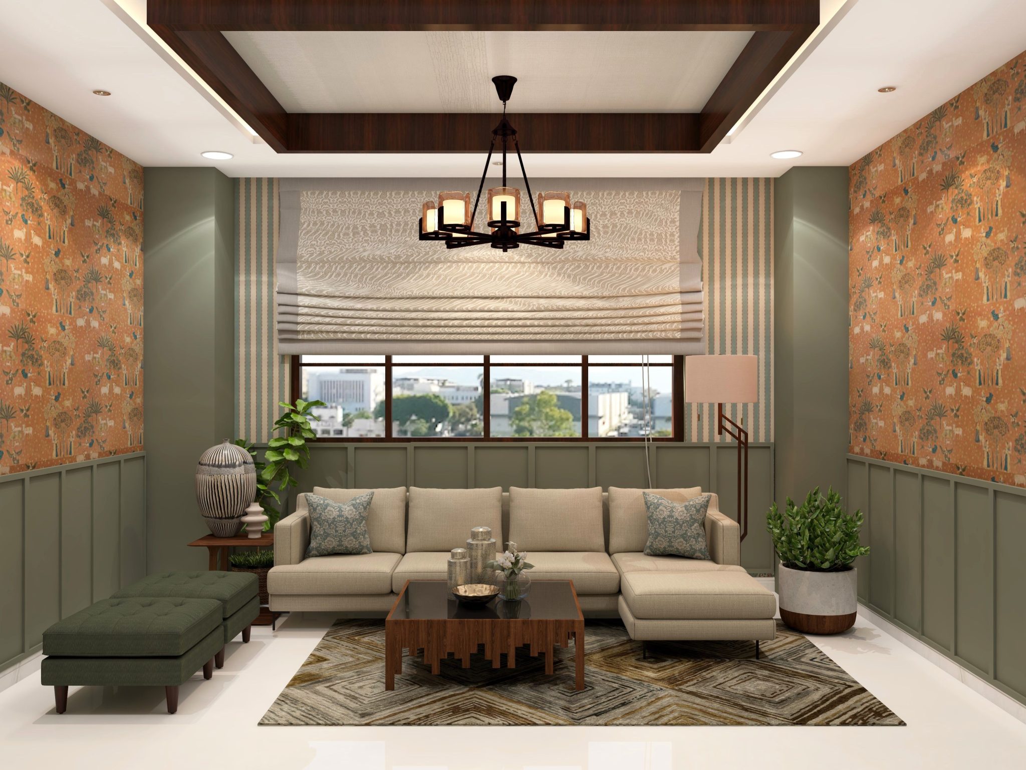 Classic living room with olive green wall and cream upholstered sofa