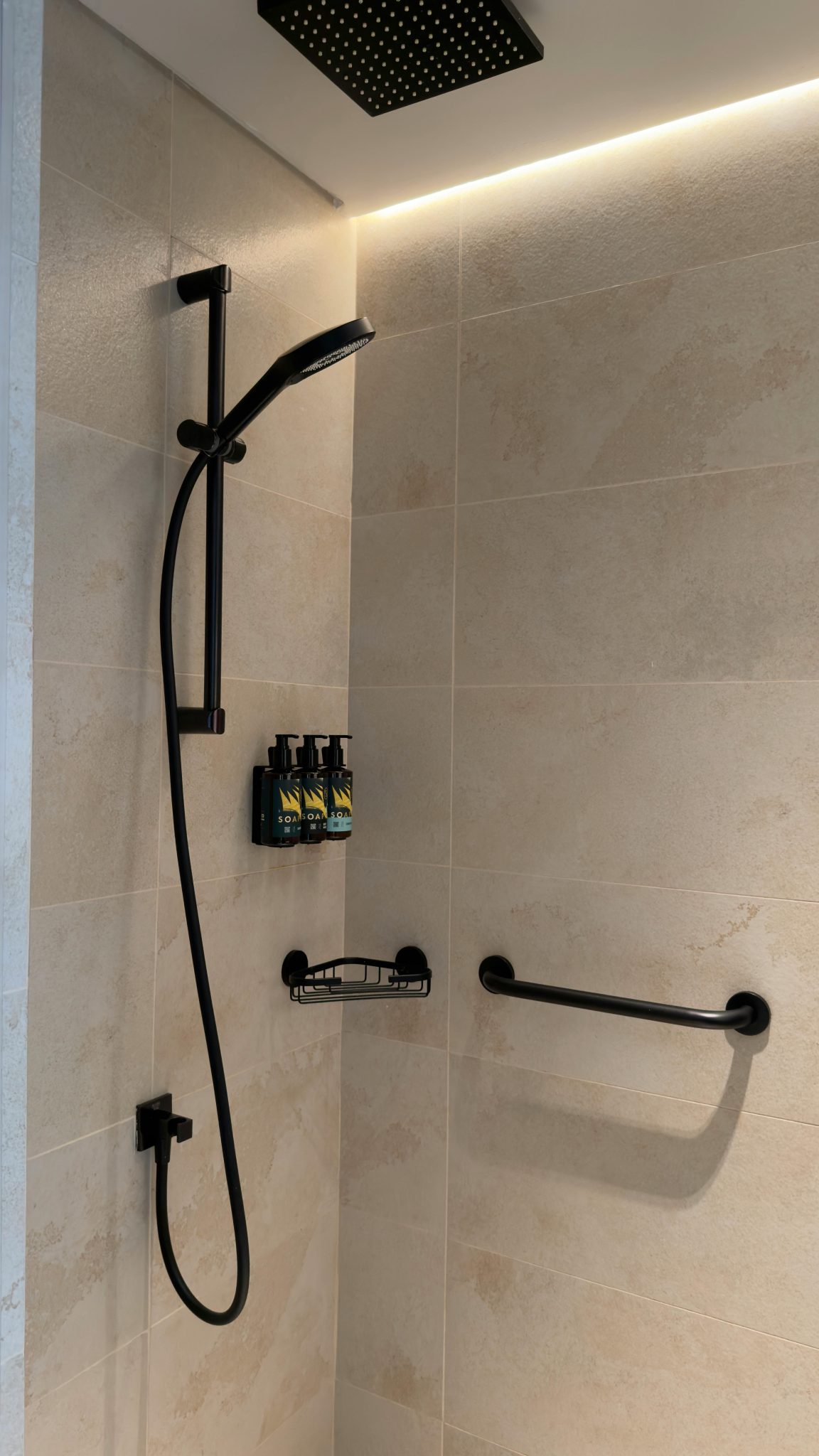 Contemporary bathroom shower area featuring sleek black hardware and modern design elements.