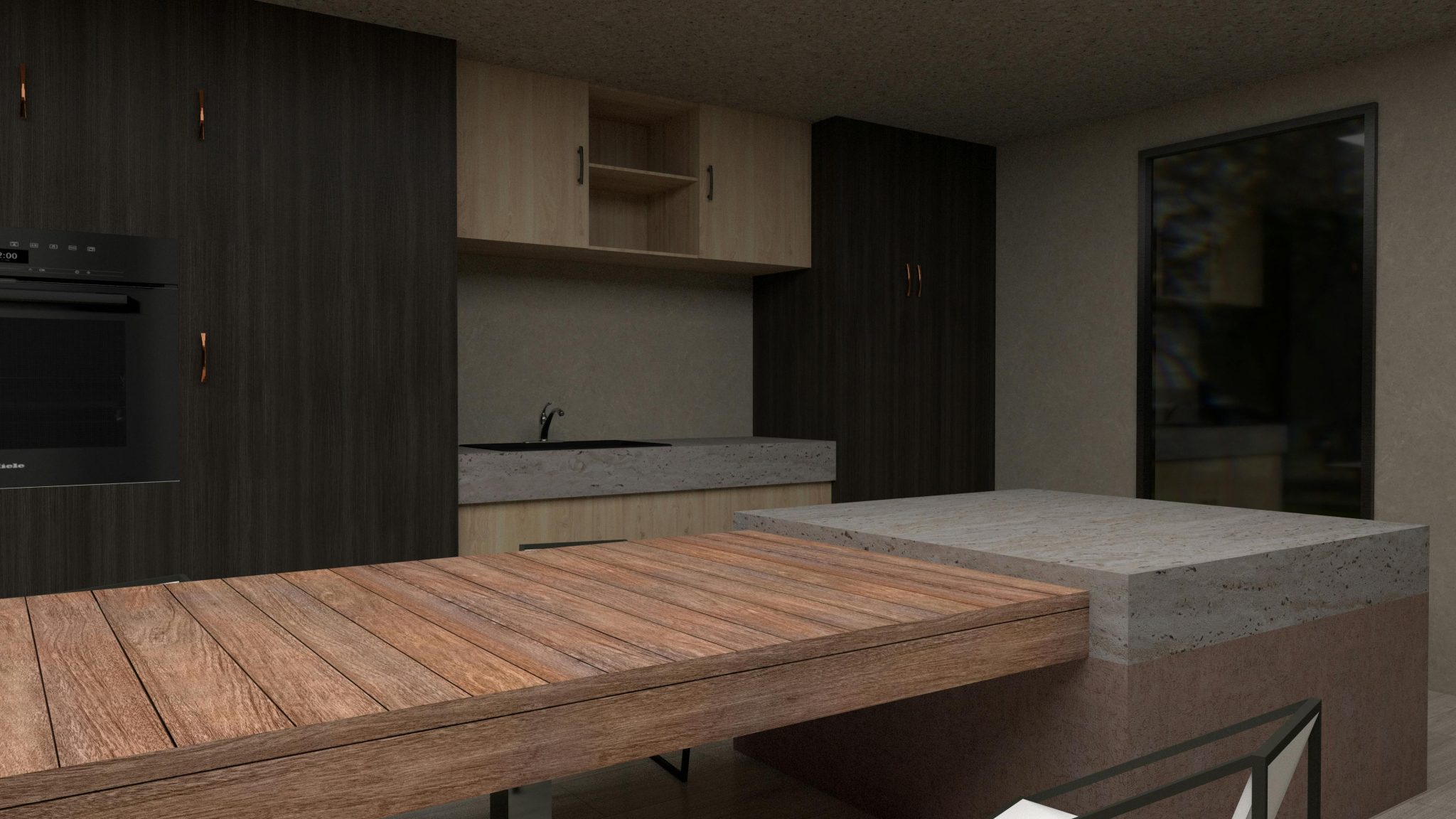 Contemporary kitchen with wood and dark cabinets, sleek surfaces, and modern appliances.